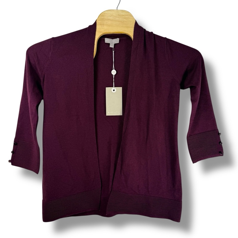 Evolution by Cyrus Open Front Cardigan Burgundy‎ Ribbed Trim NWT Small